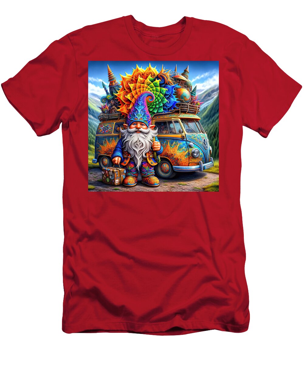 Gnome T-Shirt featuring the digital art The Wandering Whimsy of Whiskerwick the Gnome by Bill and Linda Tiepelman