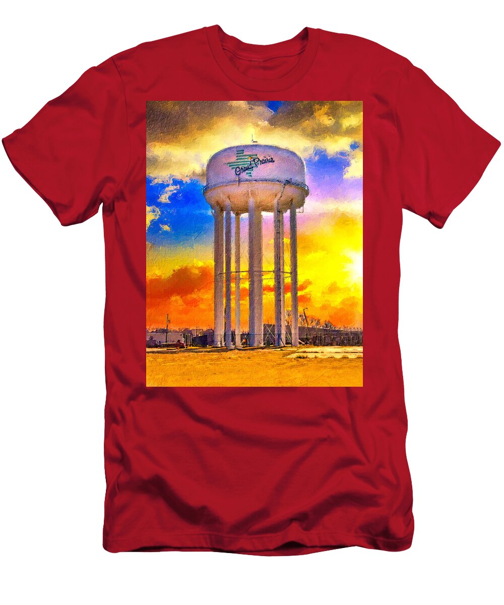 Water Tower T-Shirt featuring the digital art The water tower near State Highway 161 at sunset, Grand Prairie, Texas by Nicko Prints