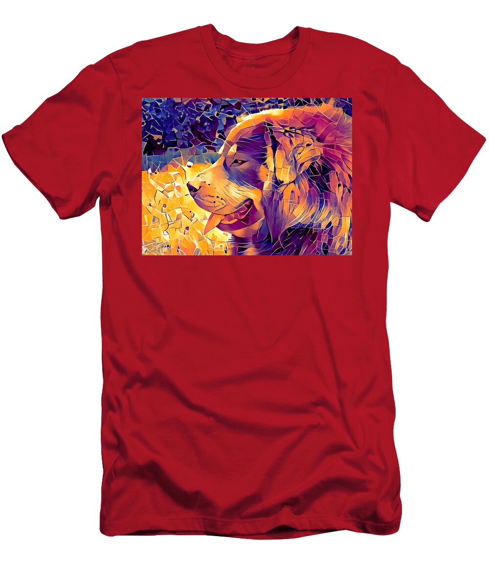 Tibetan Mastiff T-Shirt featuring the digital art Tibetan Mastiff dog sitting profile with its mouth open - irregular tiles mosaic effect by Nicko Prints