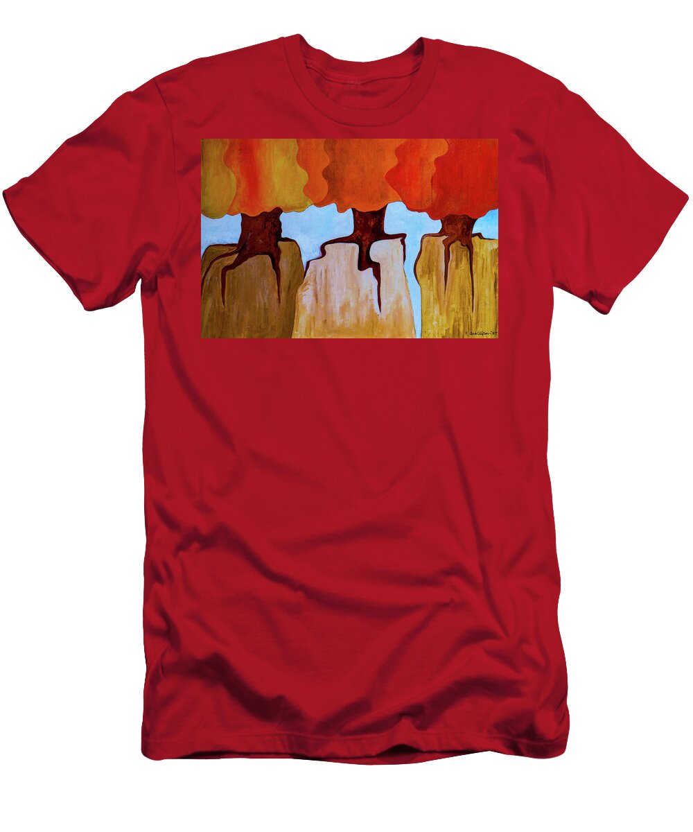 Trees T-Shirt featuring the painting Trees holding onto Rocks by Ted Clifton