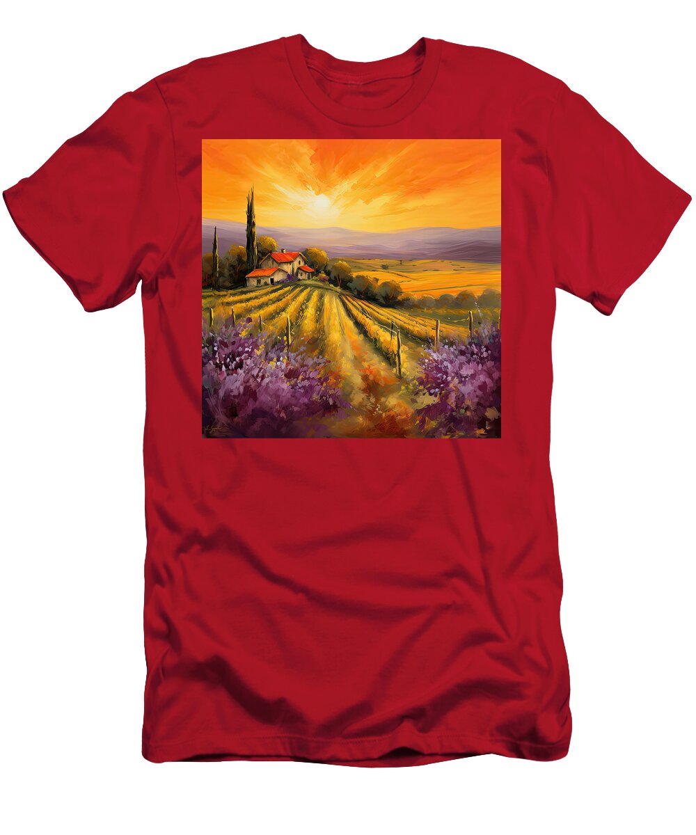 Tuscany T-Shirt featuring the painting Tuscan Vineyard Sunset - Vineyard Impressionist Paintings by Lourry Legarde