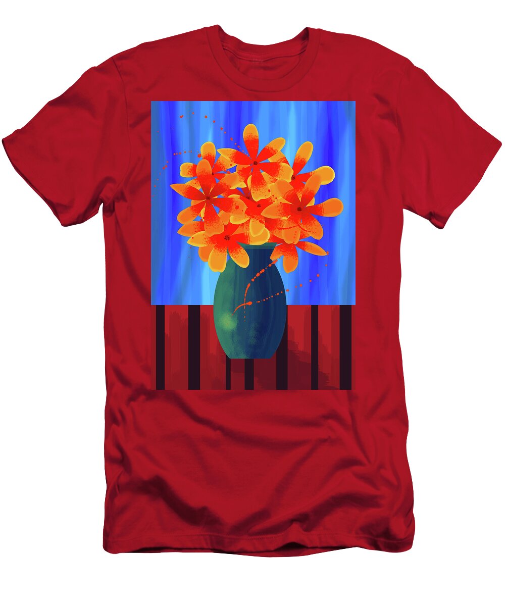 Vase T-Shirt featuring the mixed media Vase of Orange and Yellow Flowers by Andrew Hitchen