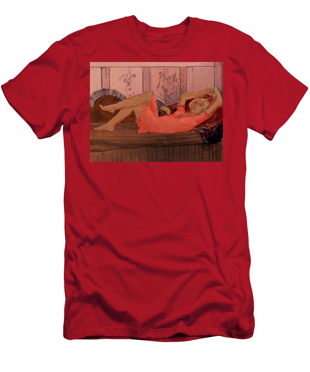 Red T-Shirt featuring the painting Waiting by Thomas Tribby