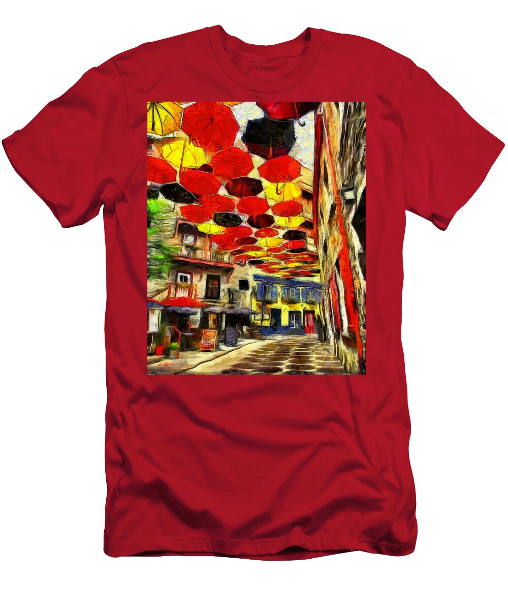 Umbrella T-Shirt featuring the digital art Walk of the Umbrellas by Charlie Roman