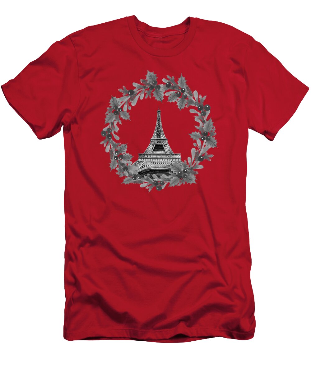Eiffel T-Shirt featuring the painting Watercolor Silver Wreath With Eiffel Tower Painting by Irina Sztukowski