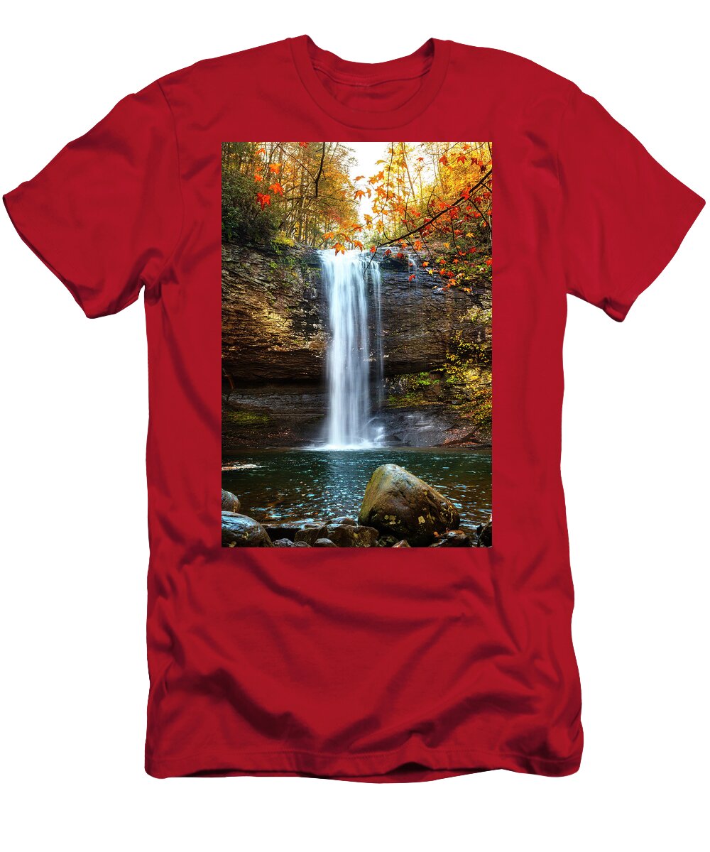 Cherokee T-Shirt featuring the photograph Waterfall in Autumn Cloudland Canyon by Debra and Dave Vanderlaan
