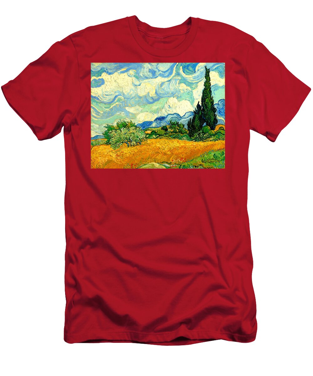 Wheat Field With Cypresses T-Shirt featuring the digital art Wheat Field with Cypresses by van Gogh - digital enhancement by Nicko Prints