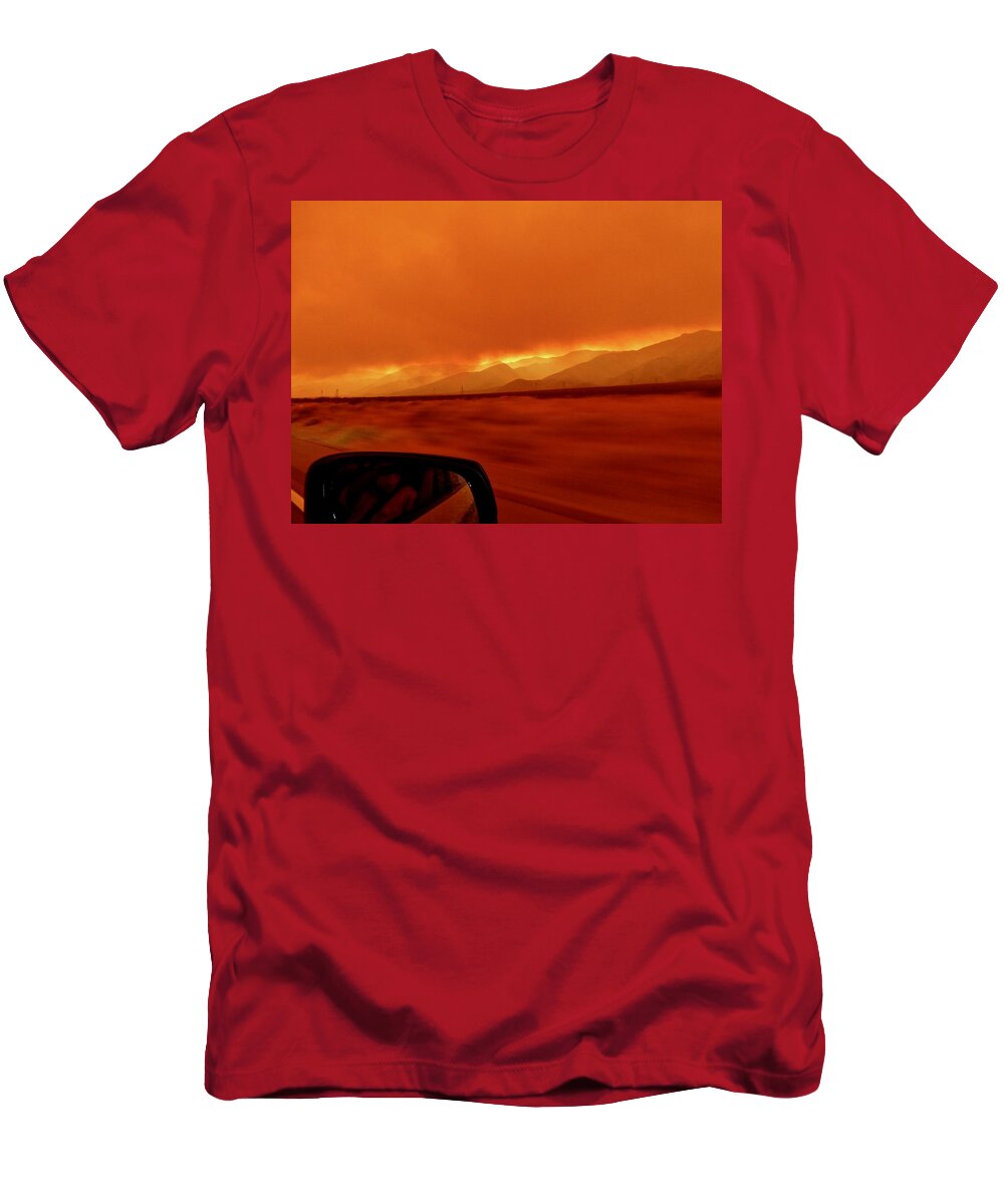 Wildfires 2020 T-Shirt featuring the photograph Wildfire Glow evacuating on Hwy395 by Amelia Racca