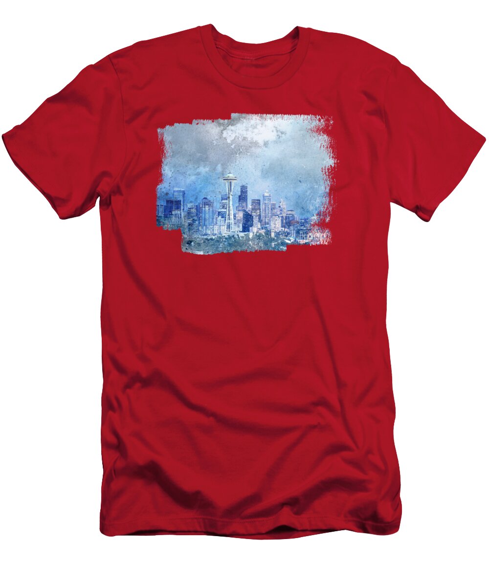 Seattle T-Shirt featuring the digital art Winter in Seattle Skyline by Elisabeth Lucas