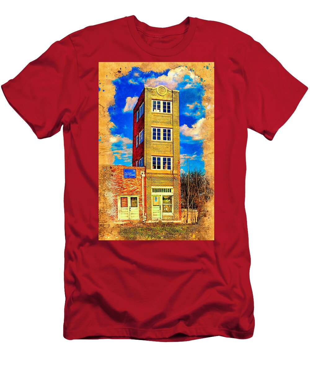 World's Littlest Skyscraper T-Shirt featuring the digital art World's littlest skyscraper, The Newby-McMahon Building, in Wichita Falls - digital painting by Nicko Prints