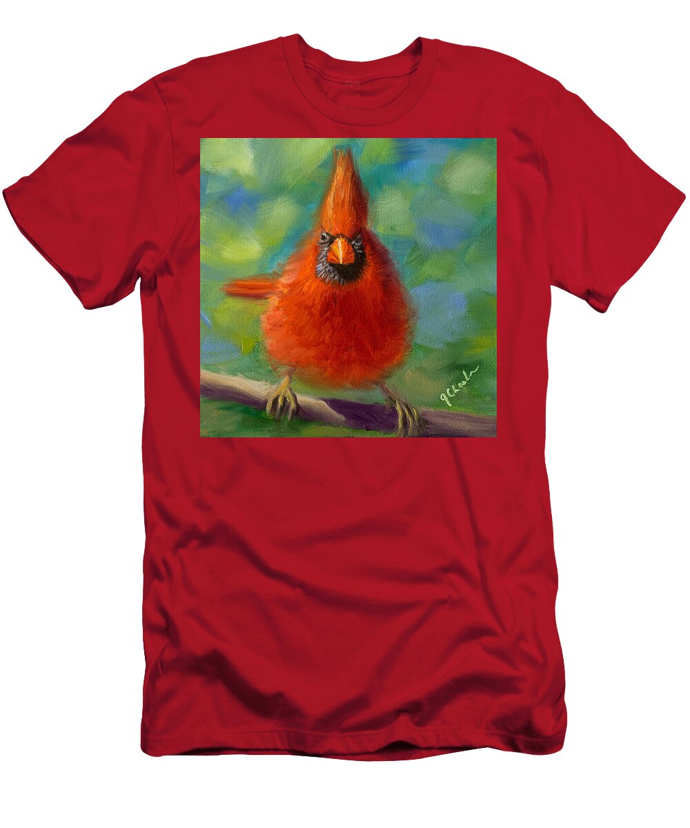 Cardinal T-Shirt featuring the painting You Lookin at ME by Jan Chesler