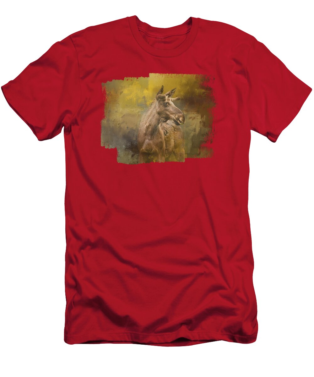Moose T-Shirt featuring the mixed media Young Fall Moose by Elisabeth Lucas