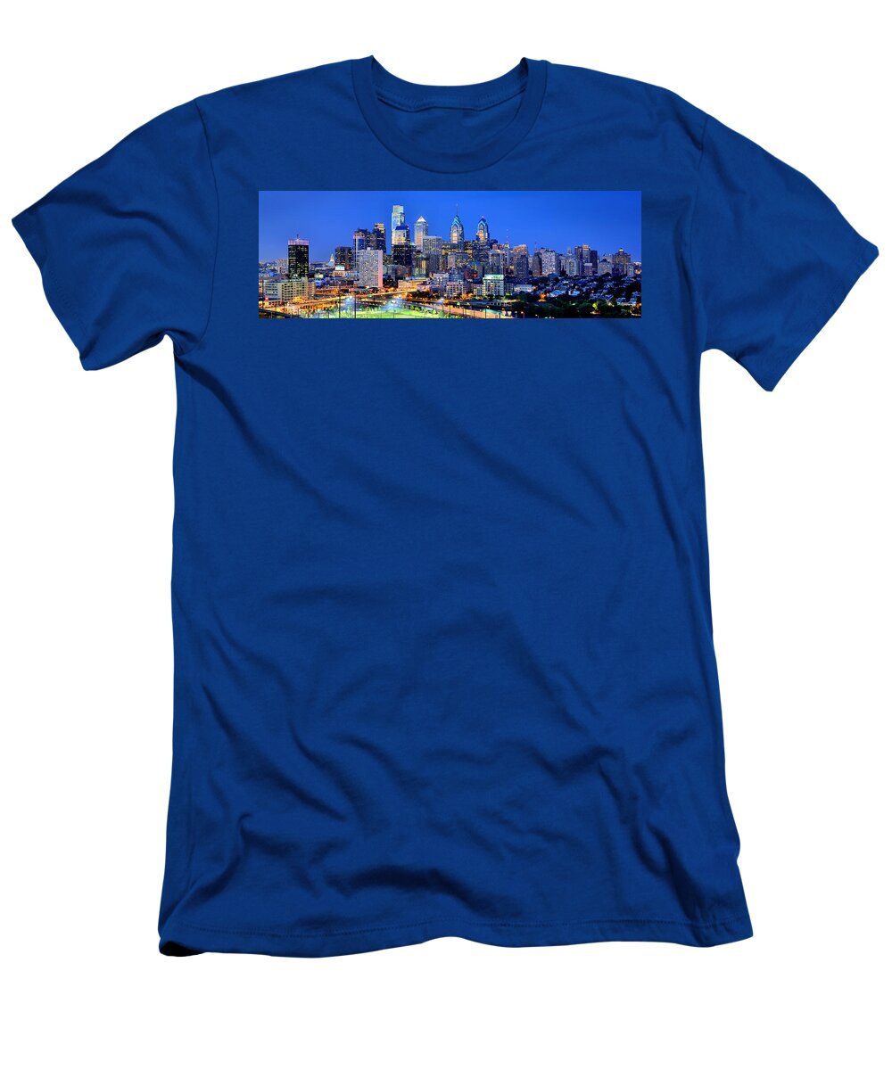 Philadelphia Skyline T-Shirt featuring the photograph Philadelphia Skyline at Night Evening Panorama by Jon Holiday