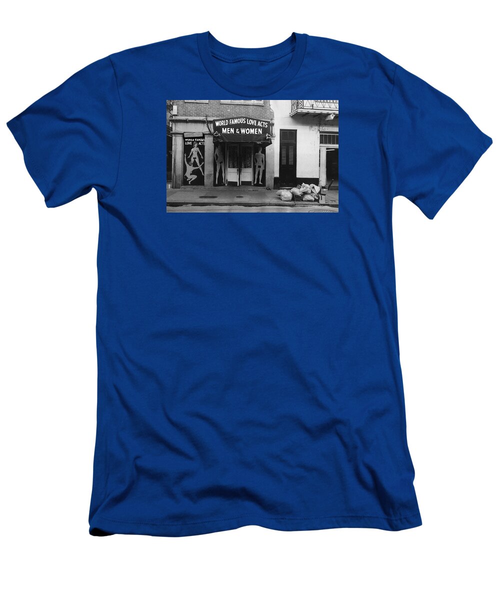 World Famous Love Acts French Quarter New Orleans Louisiana 1976-2012 Black And White T-Shirt featuring the photograph World Famous Love Acts French Quarter New Orleans Louisiana 1976-2012 #1 by David Lee Guss