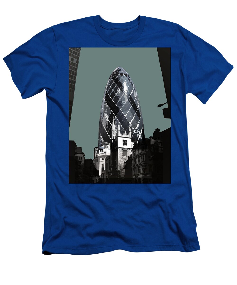 Eye T-Shirt featuring the mixed media Gherkin - Blue GREY by BFA Prints