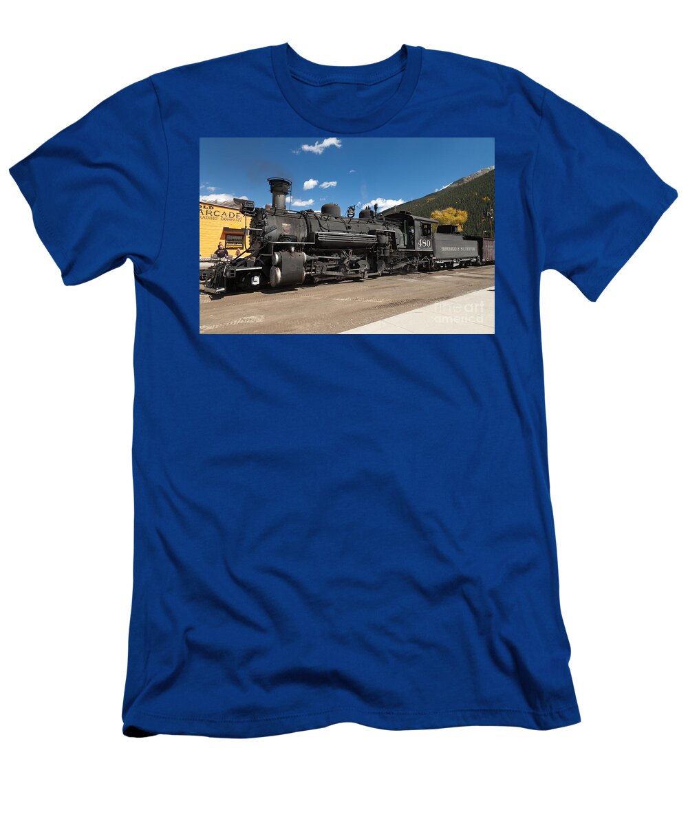 Afternoon T-Shirt featuring the photograph Silverton Station Engine 480 on the Durango and Silverton Narrow Gauge RR by Fred Stearns