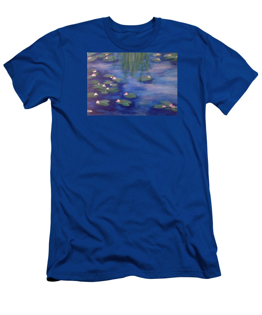 Blue T-Shirt featuring the painting Waterlilies by Lynne McQueen