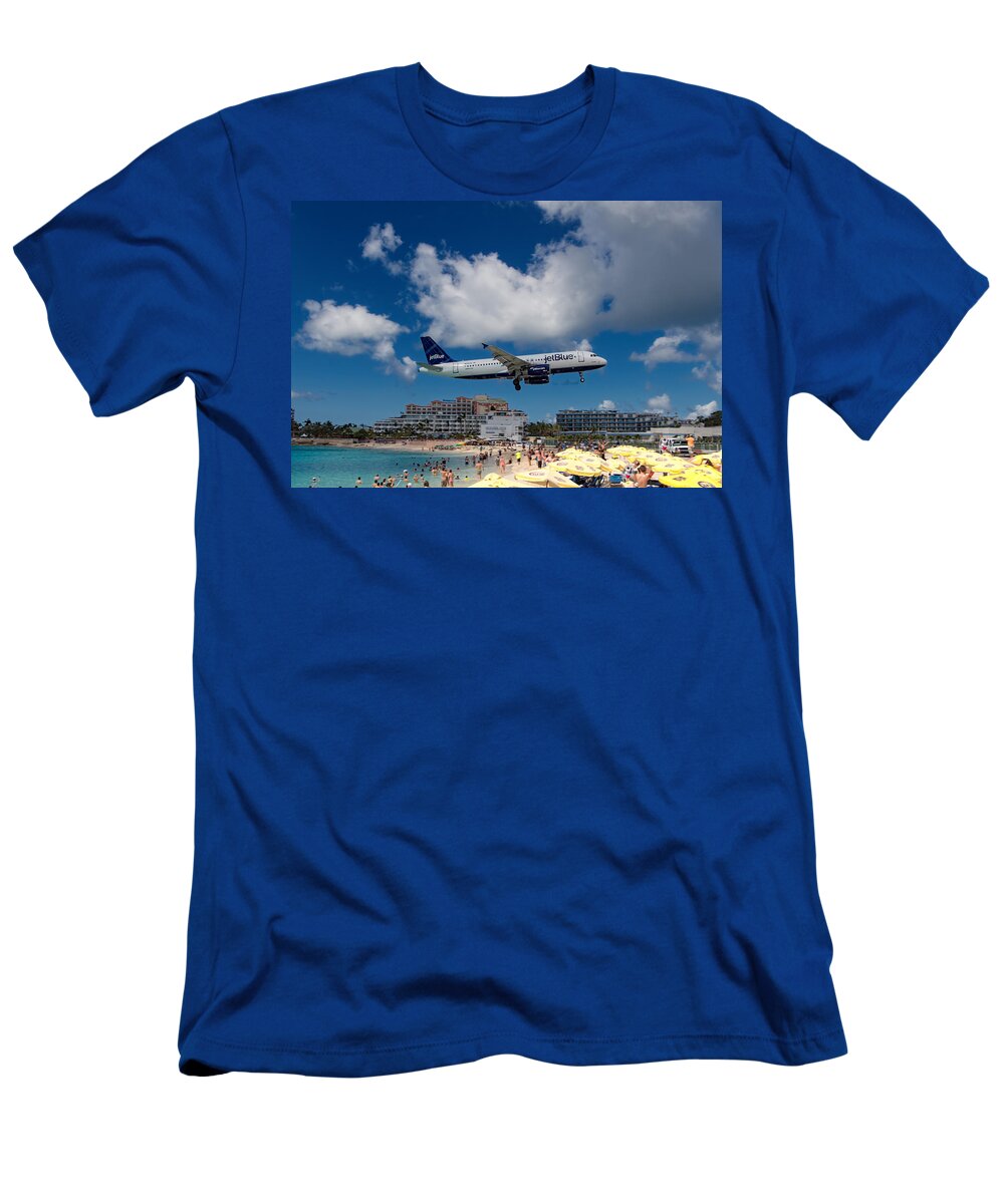 Jetblue T-Shirt featuring the photograph jetBlue landing at St. Maarten #2 by David Gleeson