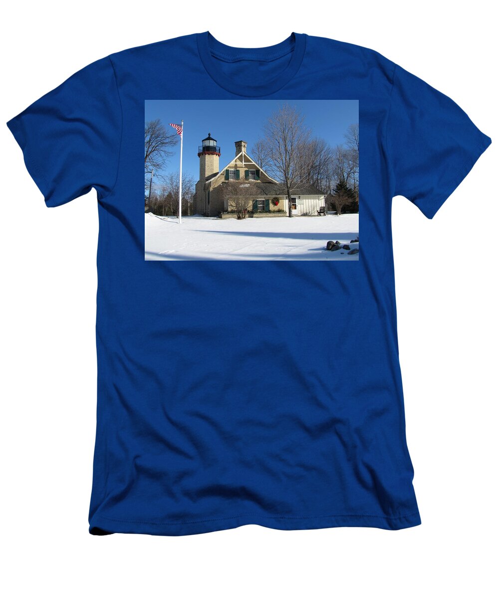 Winter T-Shirt featuring the photograph McGulpin Point Lighthouse in Winter by Keith Stokes