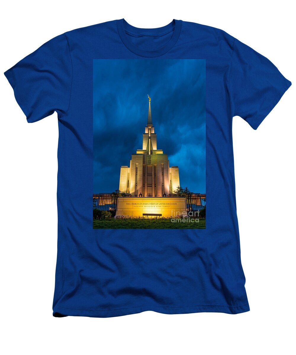 Oquirrh Mountain T-Shirt featuring the photograph Oquirrh Mountain LDS Temple Evening Thunderstorm #2 by Gary Whitton