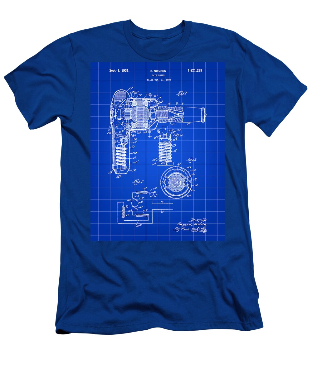 Hair T-Shirt featuring the digital art Hair Dryer Patent 1929 - Blue by Stephen Younts