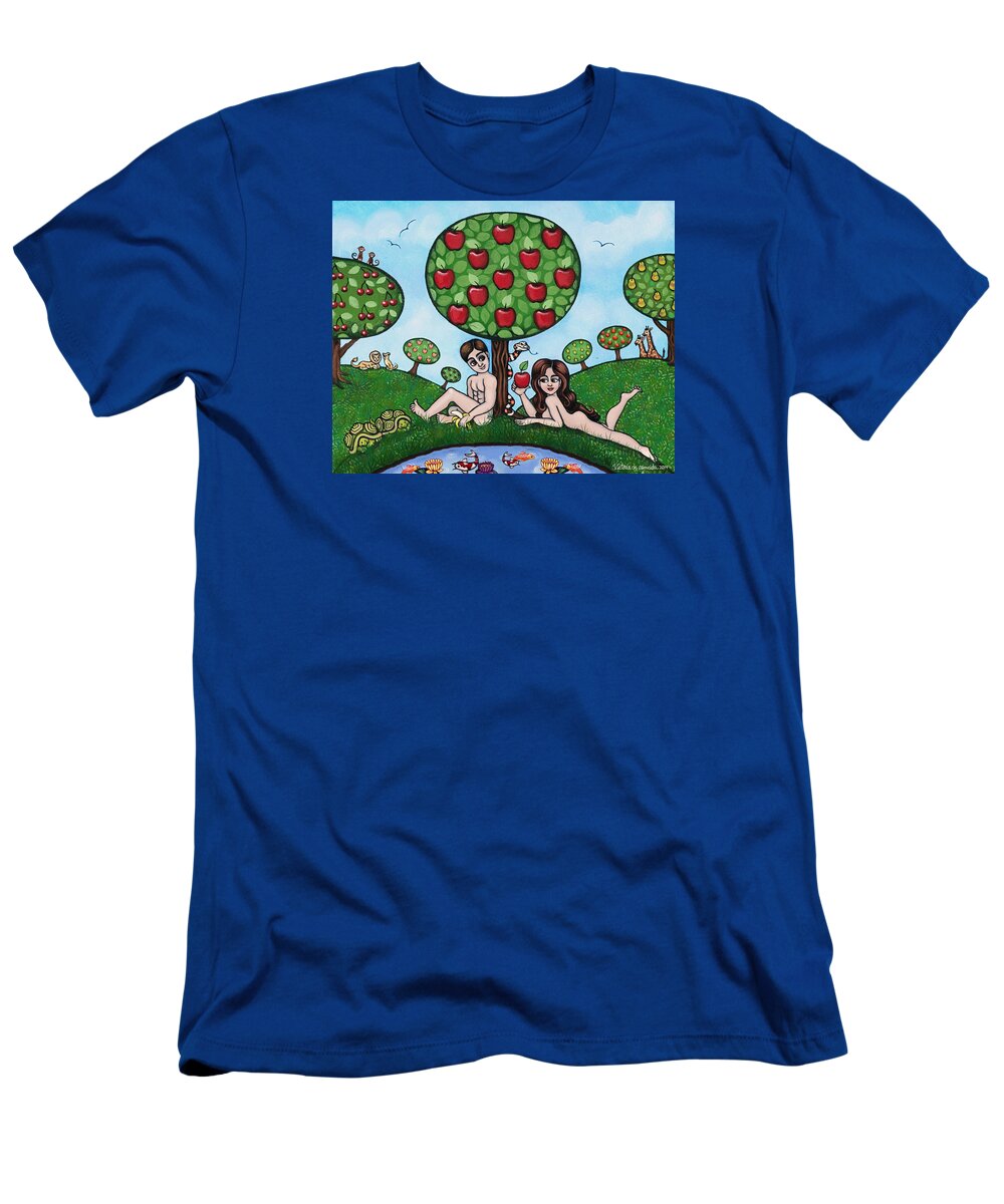 Adam And Eve T-Shirt featuring the painting Adam and Eve The Naked Truth by Victoria De Almeida