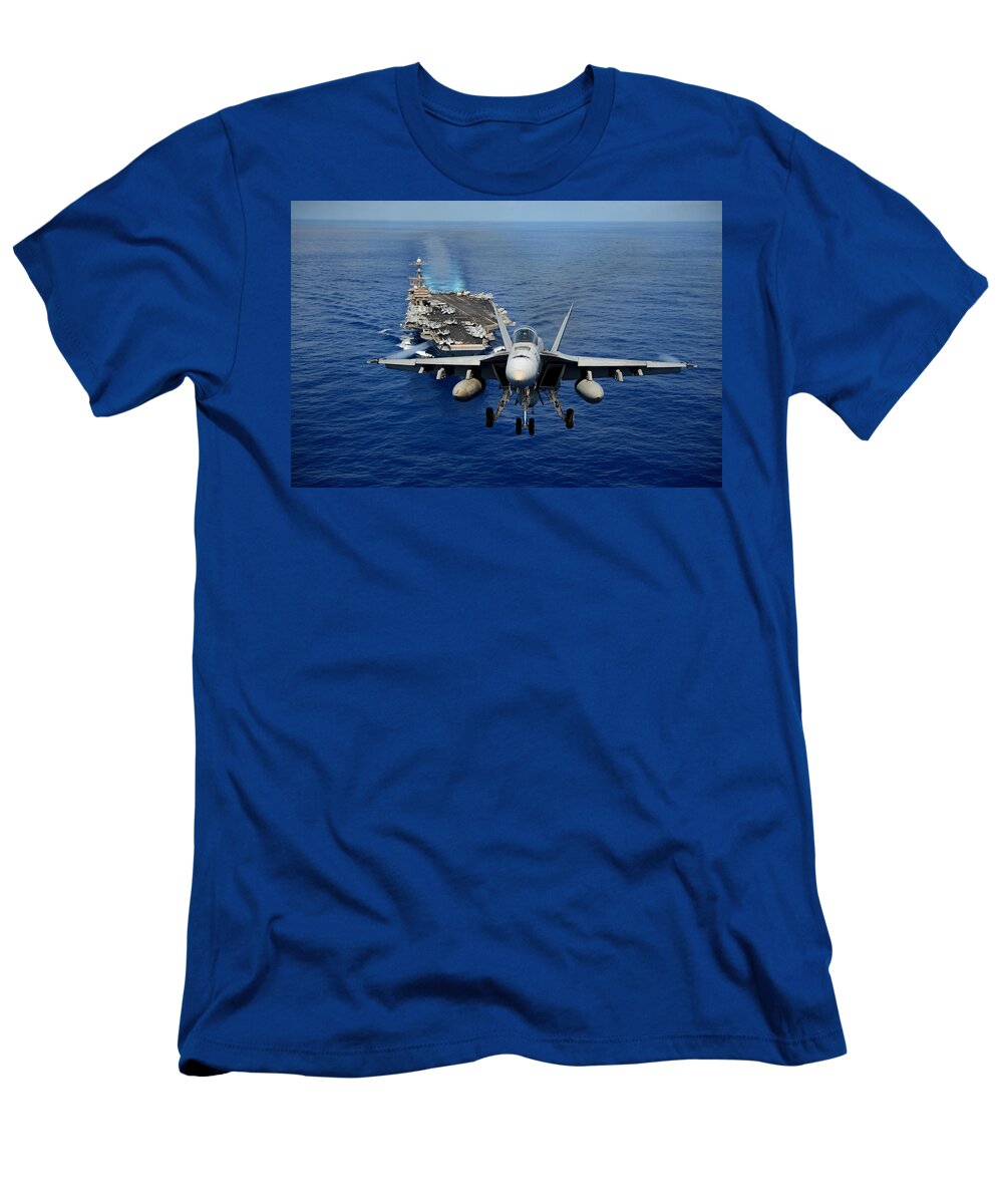 Chinfo T-Shirt featuring the photograph An F/A-18 Hornet demonstrates air power. by Sebastian Musial