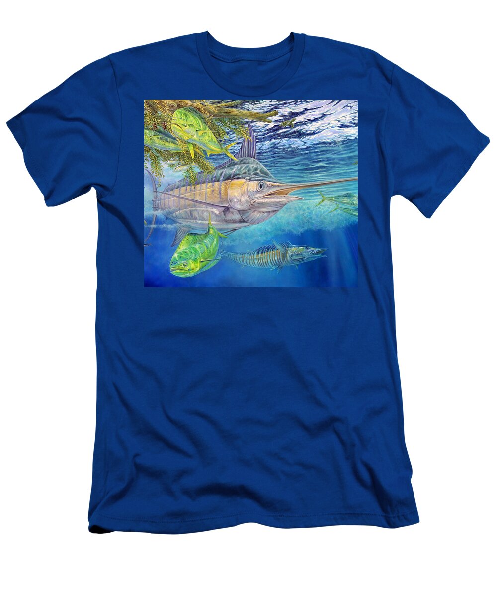 Blue Marlin T-Shirt featuring the painting Big Blue Hunting In The Weeds by Terry Fox