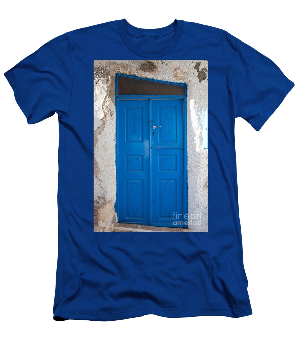 Blue T-Shirt featuring the photograph Blue door of a church in Santorini by Matteo Colombo