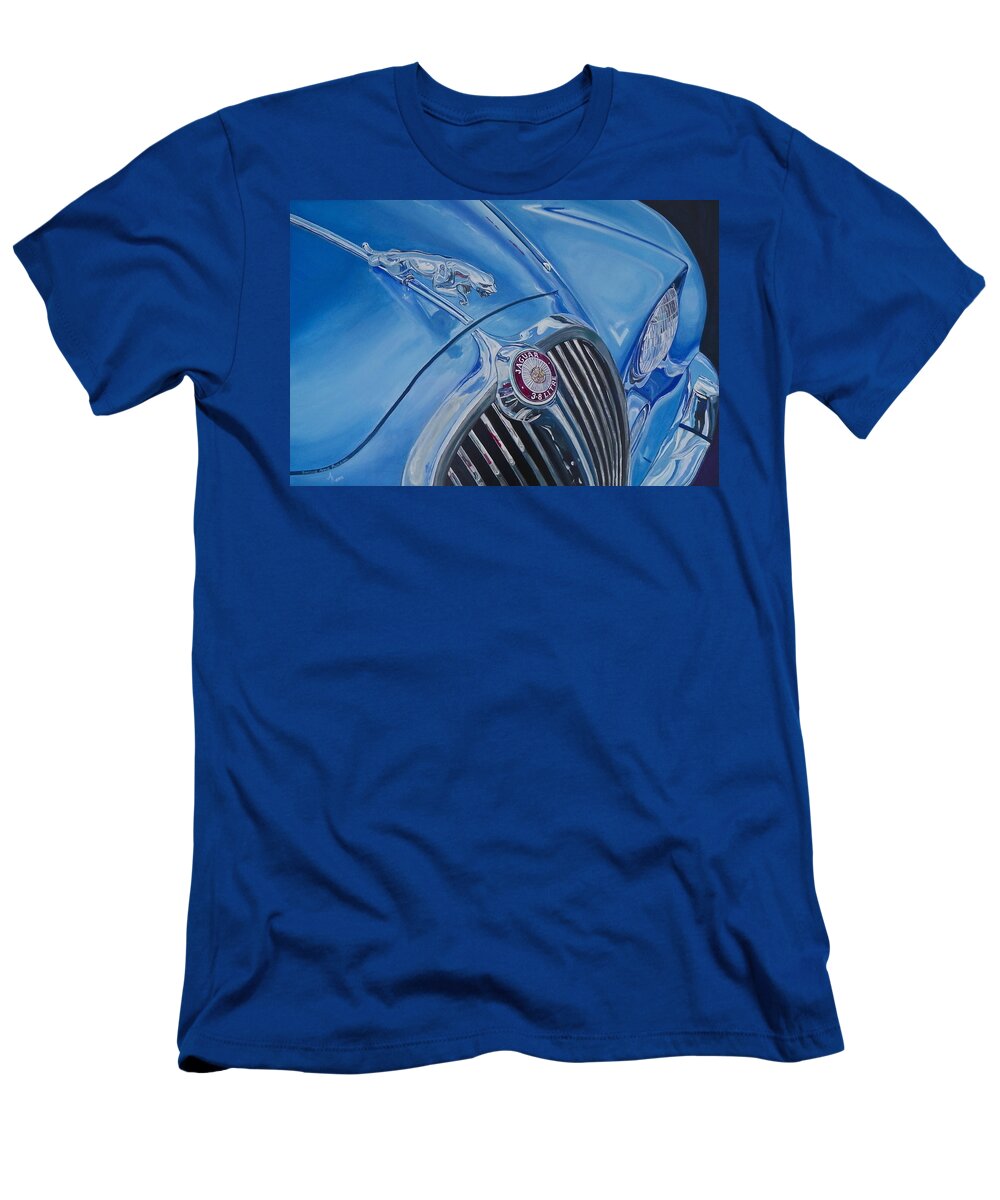 Blue T-Shirt featuring the painting Vintage Blue Jag by Anna Ruzsan