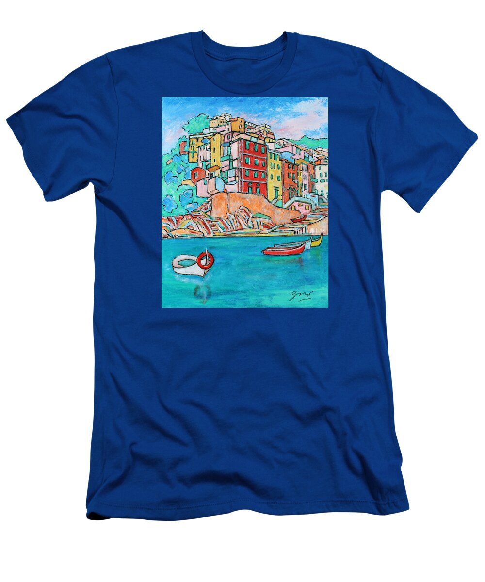 Cinqueterre T-Shirt featuring the painting Boats In Front Of The Buildings X by Xueling Zou