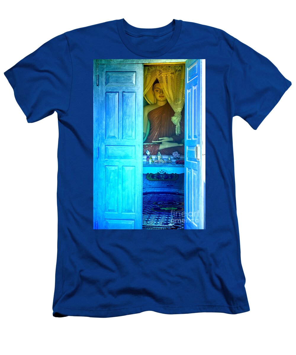 Buddha T-Shirt featuring the photograph Buddha Behind A Blue Door by Gina Koch
