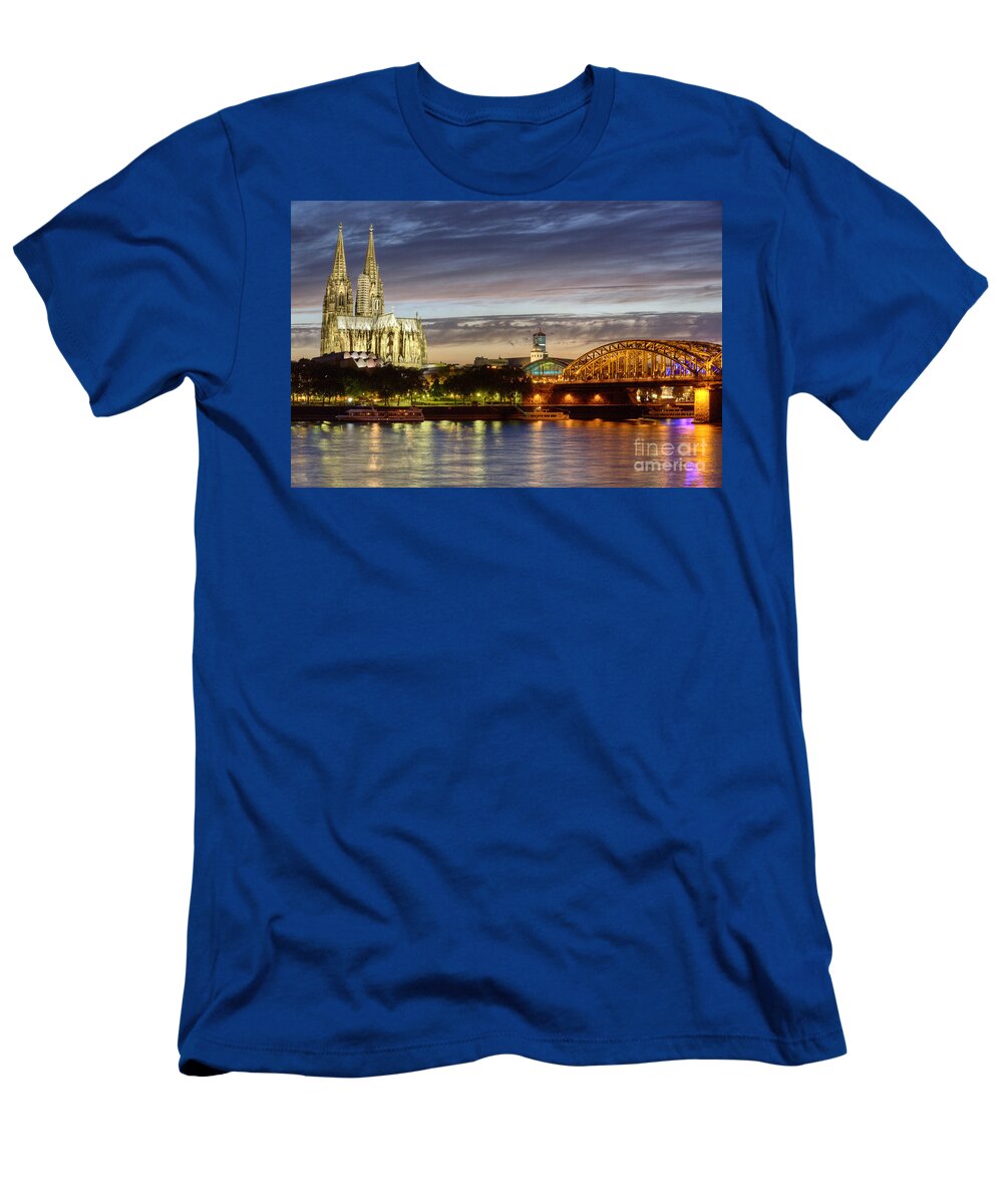 Cologne T-Shirt featuring the photograph Cologne Cathedral with Rhine Riverside by Heiko Koehrer-Wagner