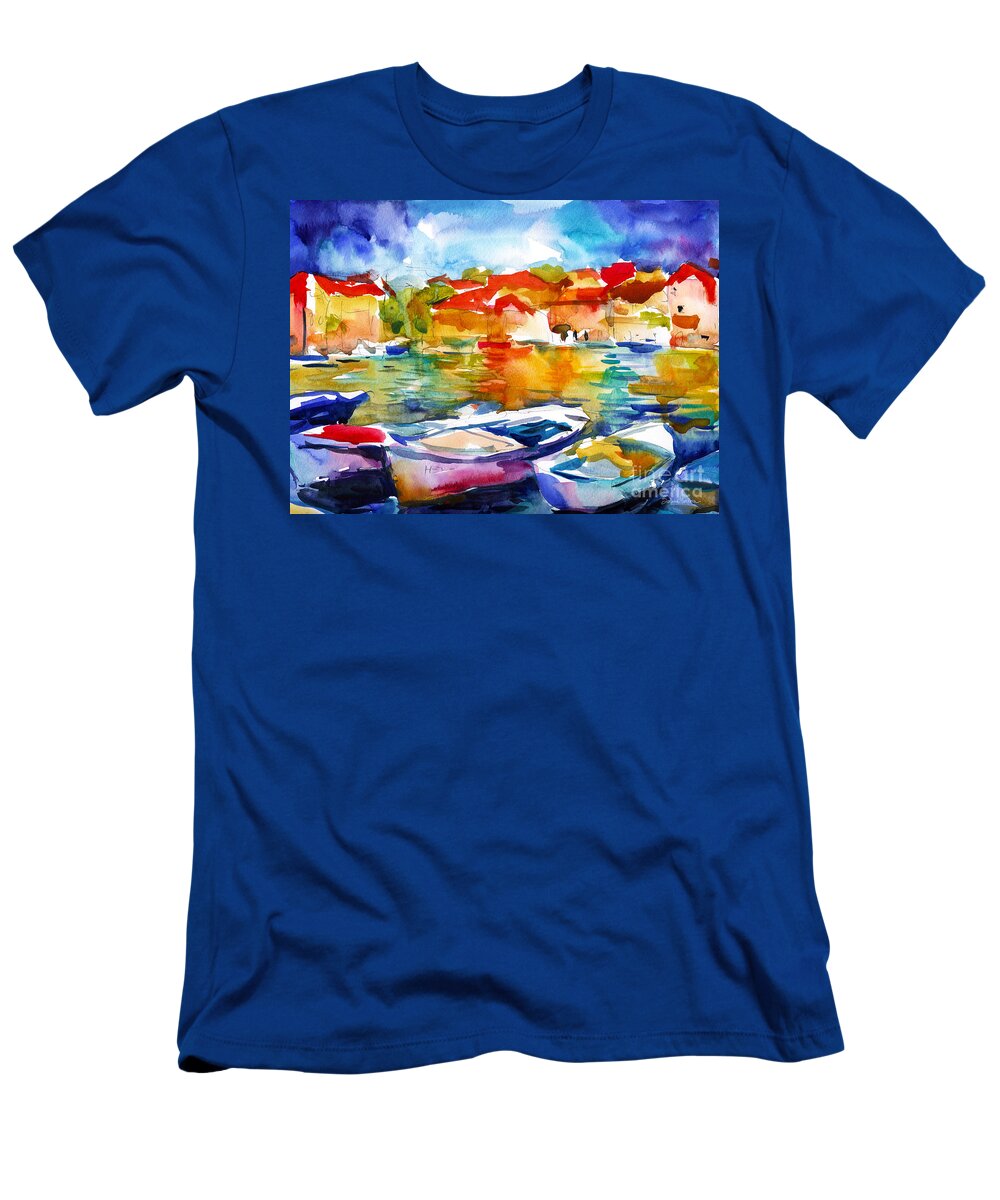 Boats T-Shirt featuring the painting Colorful watercolor boats european water scape by Svetlana Novikova