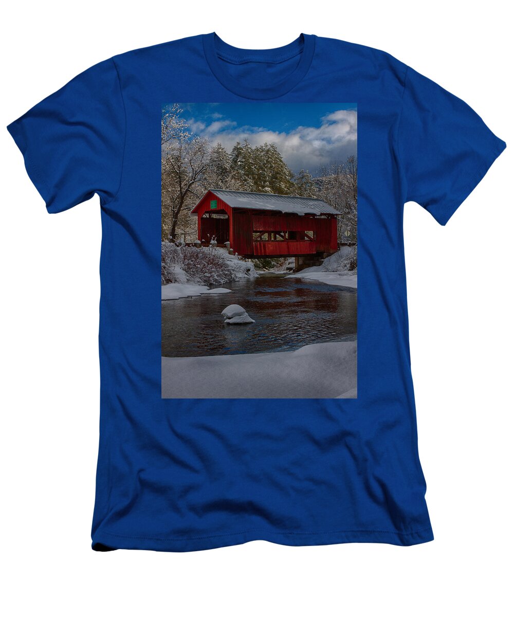 Covered Bridge T-Shirt featuring the photograph Cox brook runs under covered bridge by Jeff Folger