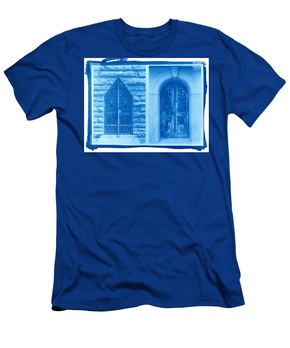 Cyanotype T-Shirt featuring the photograph Cyanotype Crypt Doors by Jane Linders