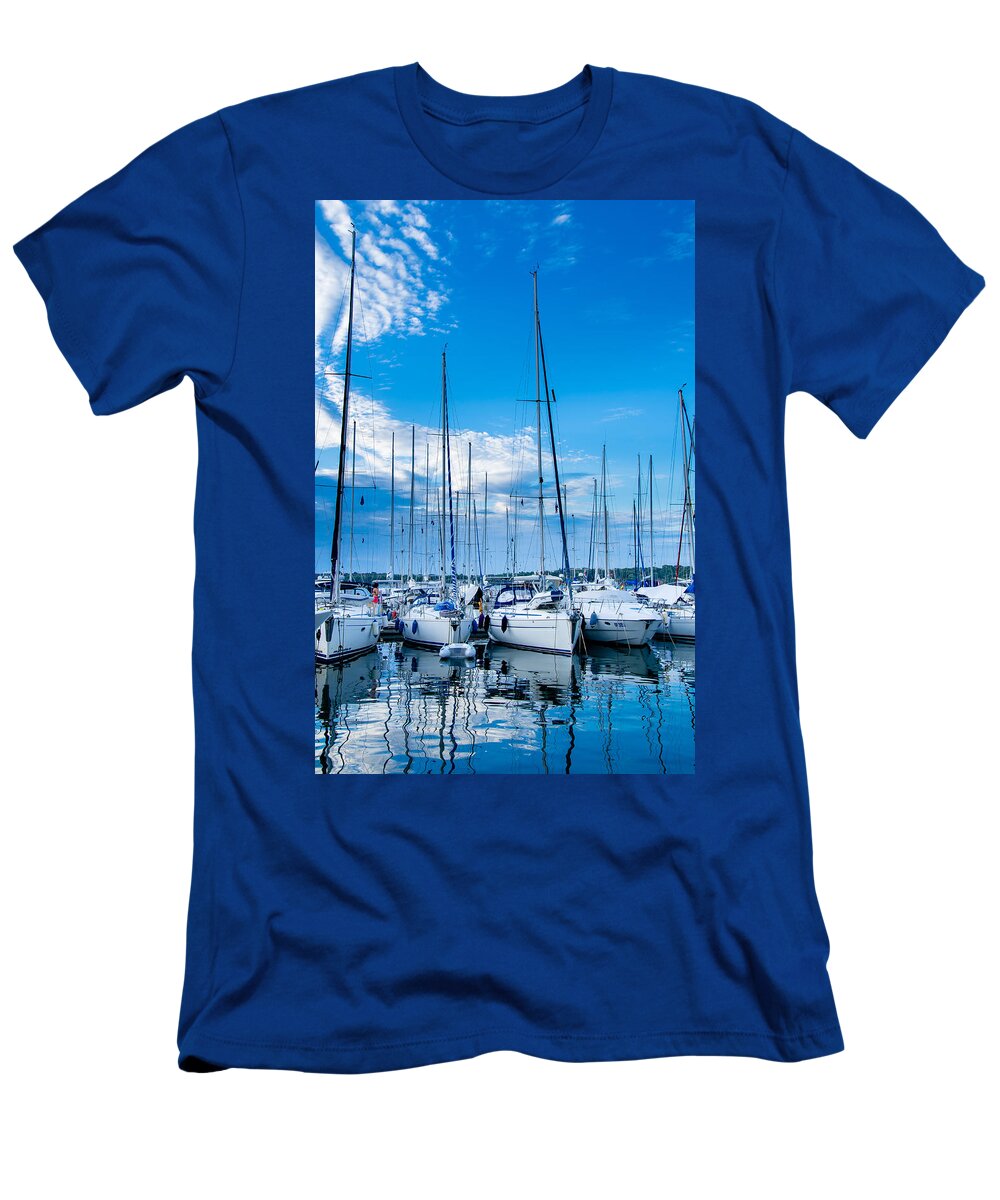 Boat T-Shirt featuring the photograph Evening harbour with sailboats by Andreas Berthold
