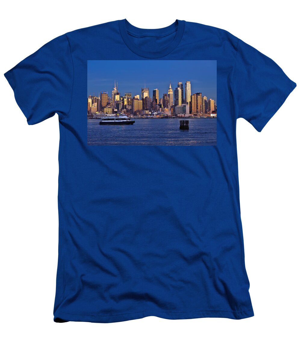 Best New York Skyline Photos T-Shirt featuring the photograph Ferry past Manhattan by Mitchell R Grosky
