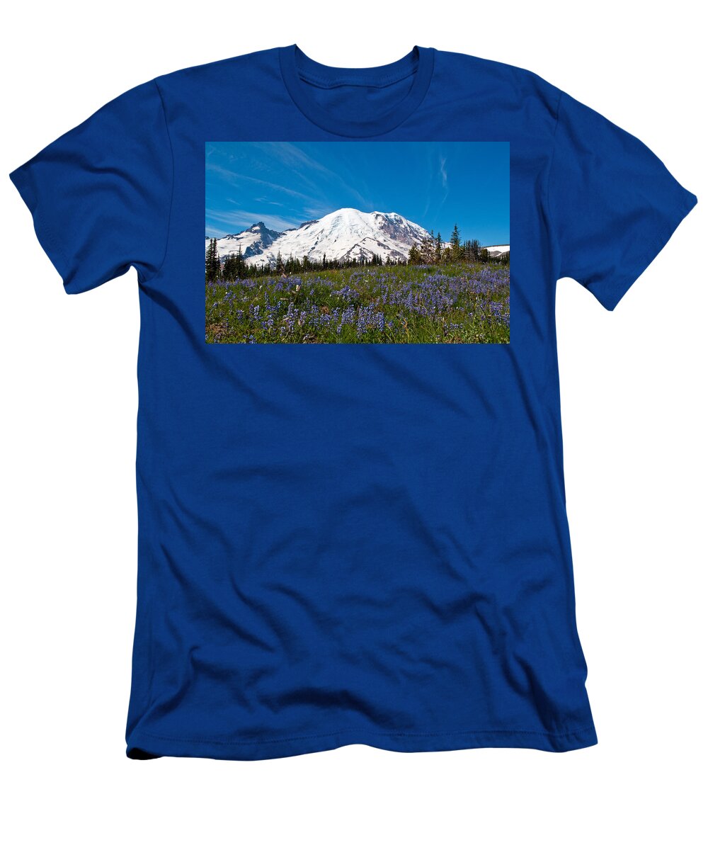 Mt. Rainier T-Shirt featuring the photograph Field of Lupines and Rainier by Tikvah's Hope