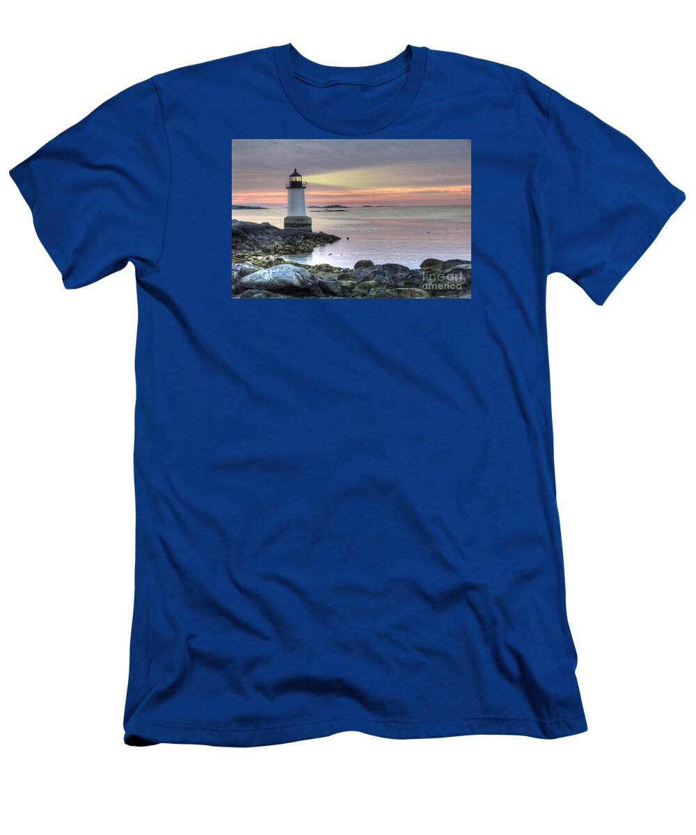 America T-Shirt featuring the photograph Fort Pickering Lighthouse at Sunrise by Juli Scalzi