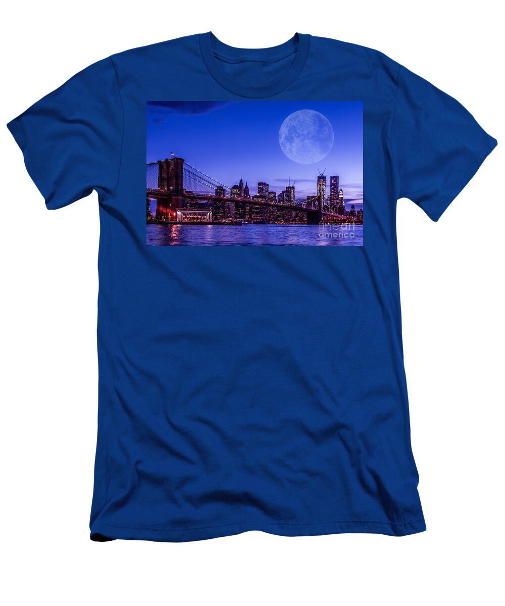 Nyc T-Shirt featuring the photograph Full moon over Manhattan II by Hannes Cmarits