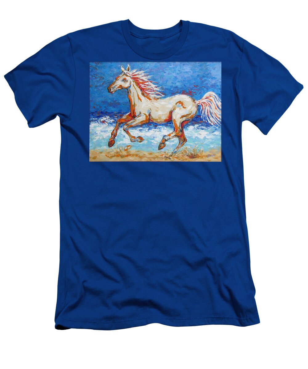 Beach T-Shirt featuring the painting Galloping Horse on Beach by Jyotika Shroff