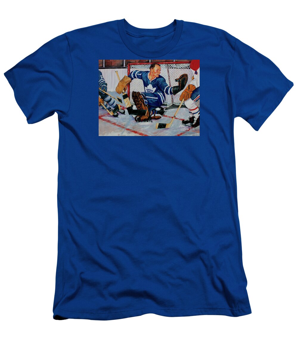 Leafs T-Shirt featuring the painting Johnny Bower by Derrick Higgins