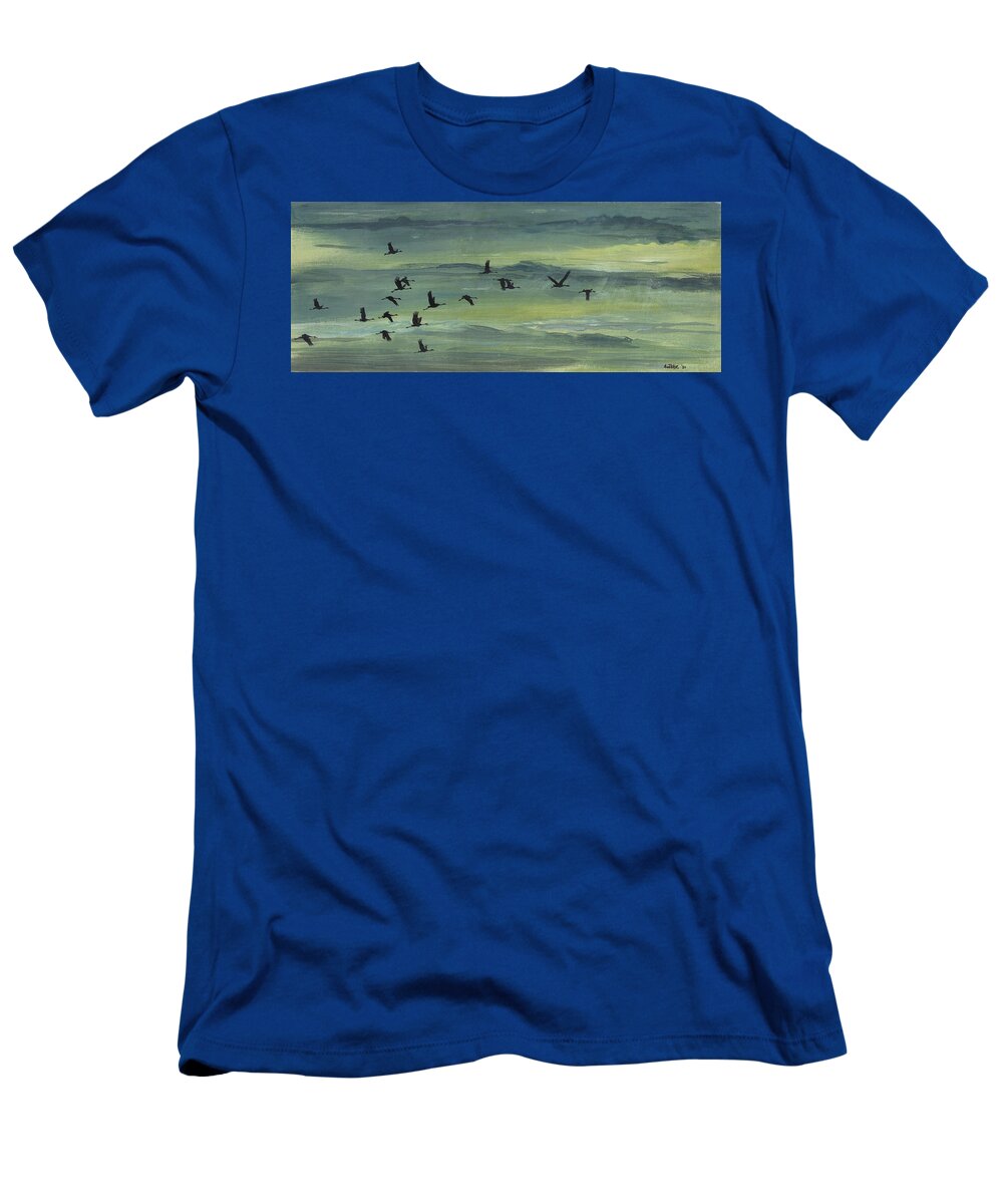 Cranes T-Shirt featuring the painting Going Home by Arie Van der Wijst