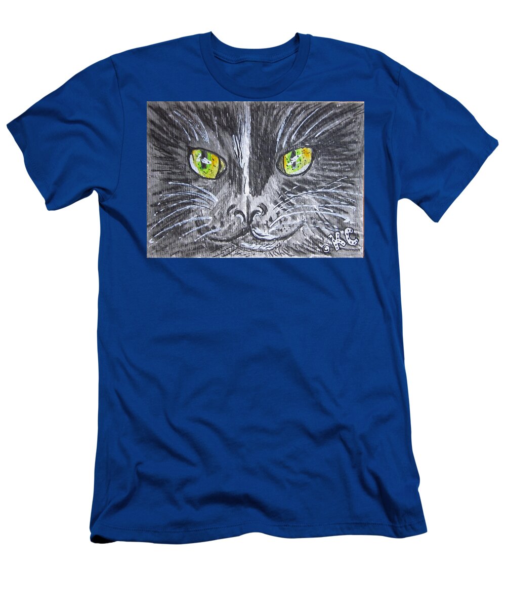 Green Eyes T-Shirt featuring the painting Green Eyes Black Cat by Kathy Marrs Chandler