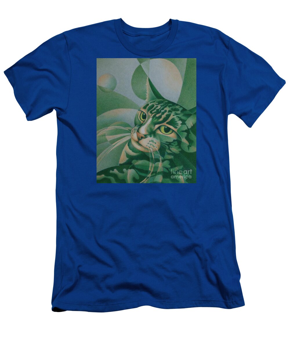 Cat T-Shirt featuring the painting Green Feline Geometry by Pamela Clements