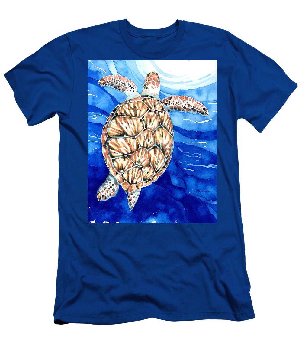 Sea Turtle T-Shirt featuring the painting Green Sea Turtle Surfacing by Pauline Walsh Jacobson