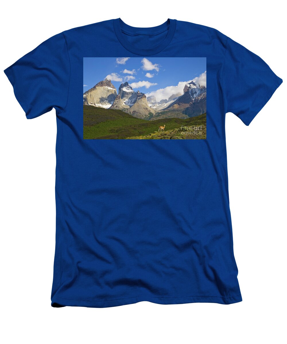 00345710 T-Shirt featuring the photograph Guanaco And Cuernos Del Paine Peaks by Yva Momatiuk John Eastcott