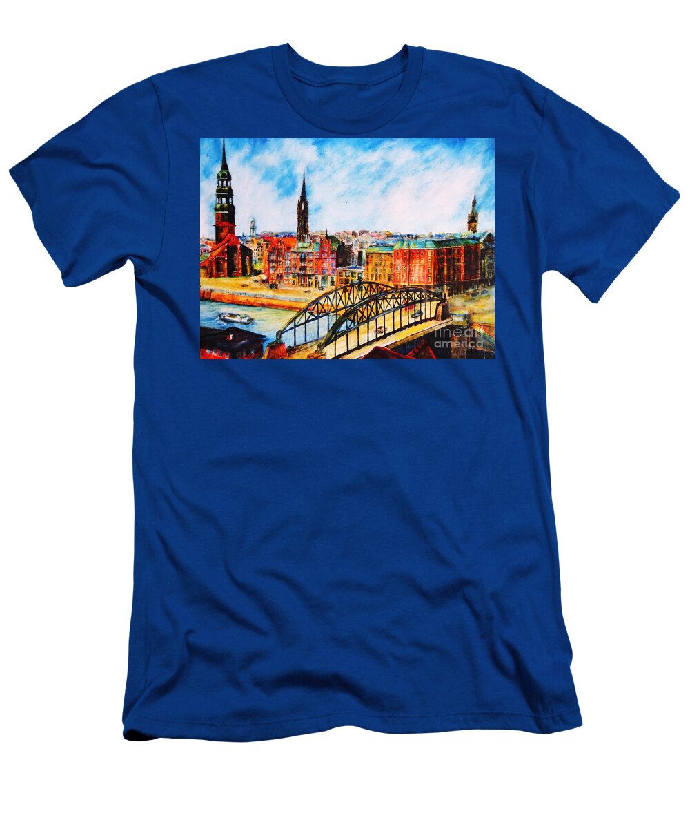 Hamburg T-Shirt featuring the painting Hamburg - The Beauty At The River by Dagmar Helbig