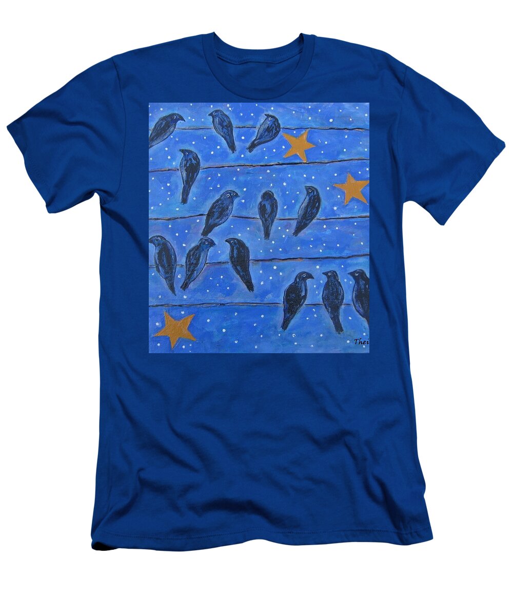 Black Birds T-Shirt featuring the painting Hanging Out at Night by Suzanne Theis